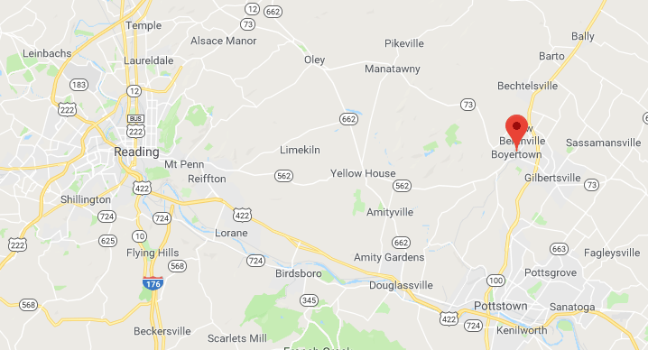 Map to show relation of Boyertown, PA to Reading PA, It's to the East, North of Pottstown. 